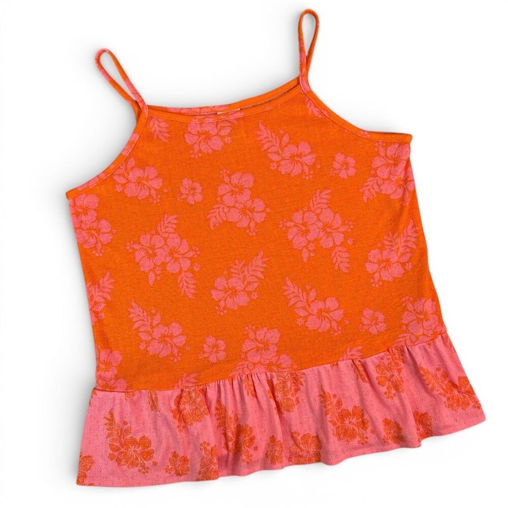 Art Class Girls XXL 16/18 Orange Pink Hibiscus Floral Peplum Sleep Camisole Top